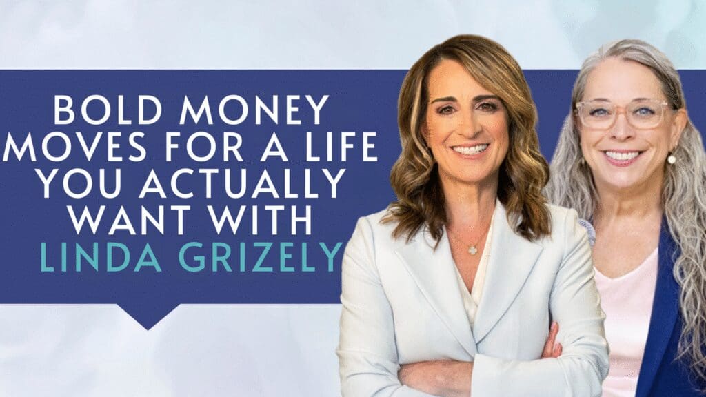 A woman in white smiling beside text about money and life with a grizzly.